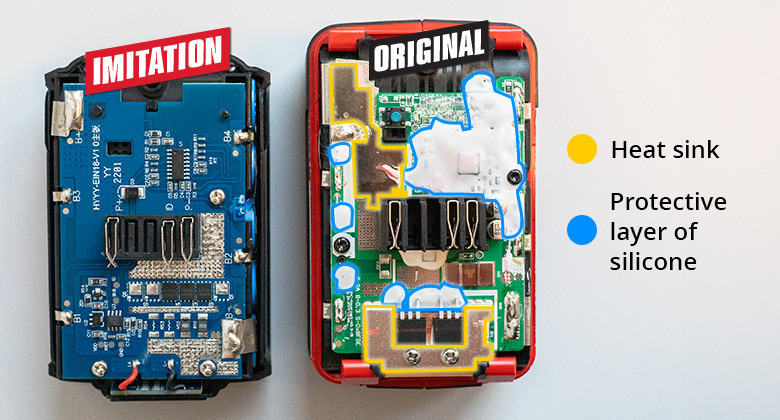 comparaison de l'intérieur d'une fausse batterie et d'une batterie originale