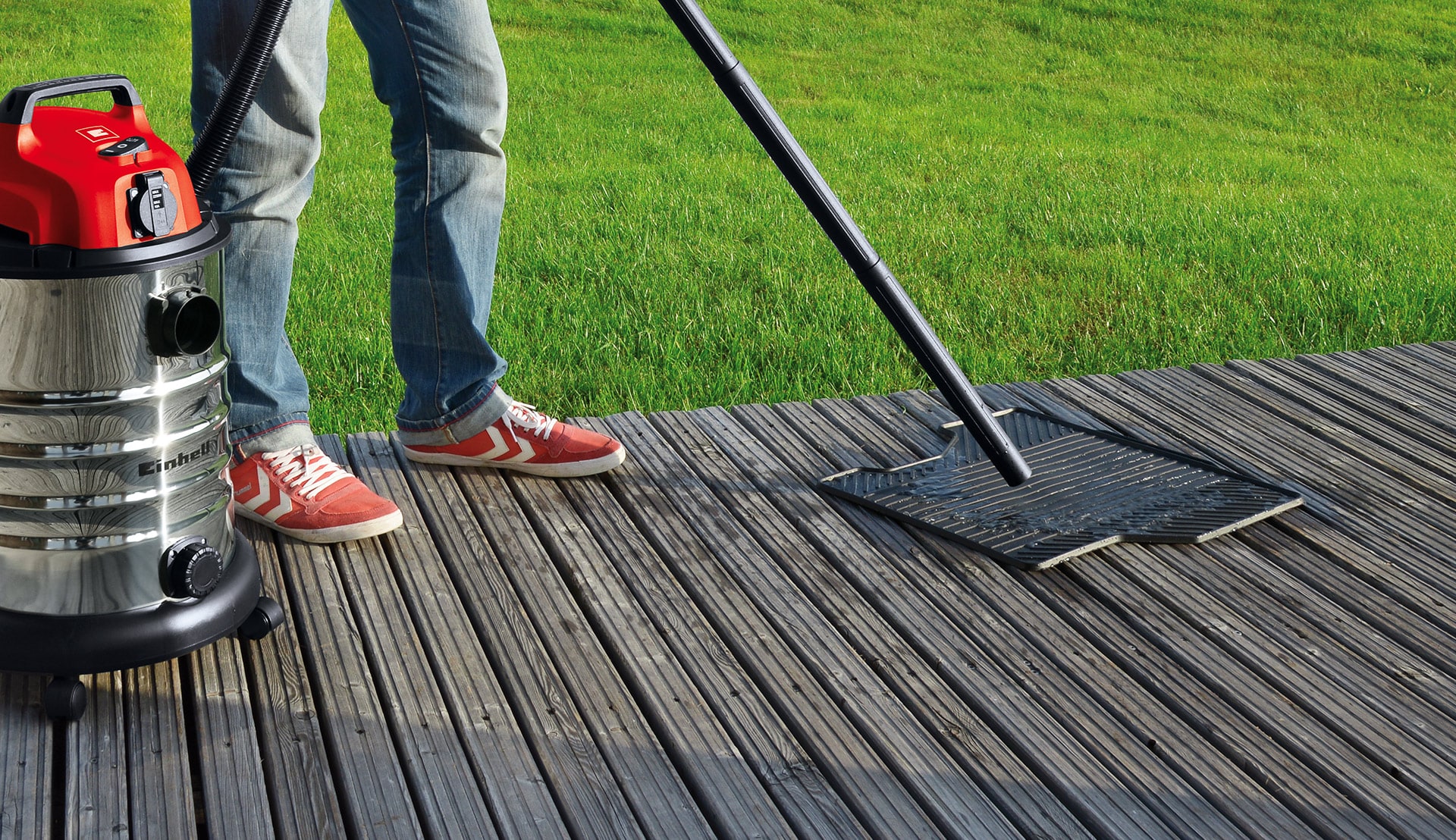 a terrace floor is vacuumed clean